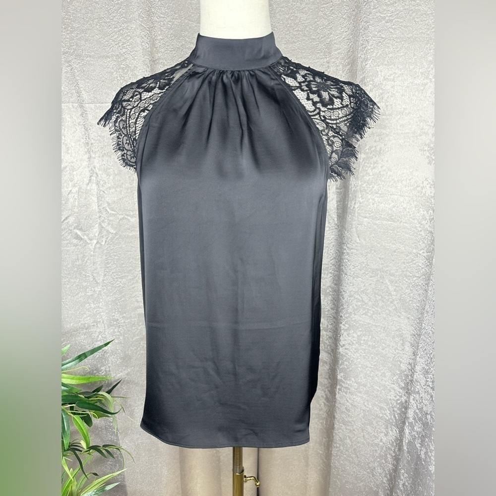 NWT Joie Women’s Satin Tie Back Mock Neck Lace Sleeve Blouse Black Sz XS